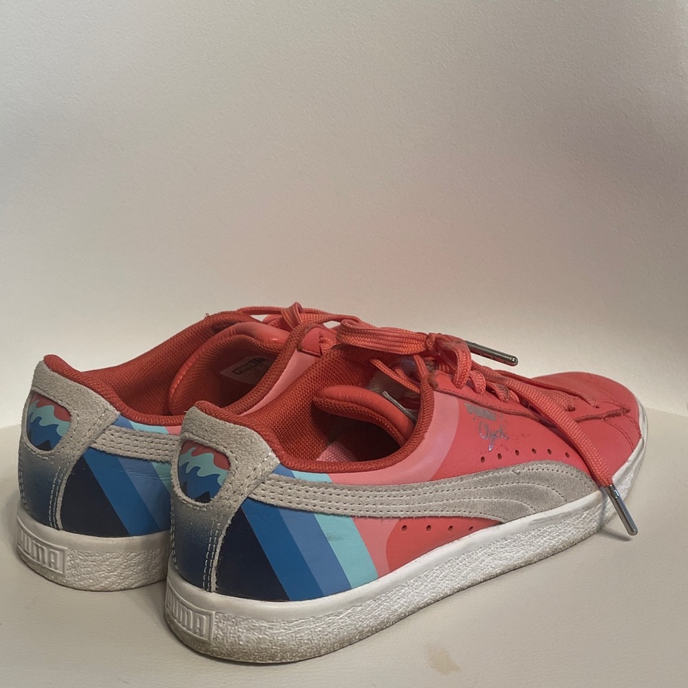 Puma “Clyde” Vibrant Coral and Blue Sneakers